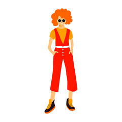 Fashionable curly girl wearing red jumpsuit and fancy sneaker. Flat vector design character illustration with white background