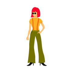 Fototapeta na wymiar Retro young woman feel confident wearing stylish overall jeans. Flat vector design character illustration with white background
