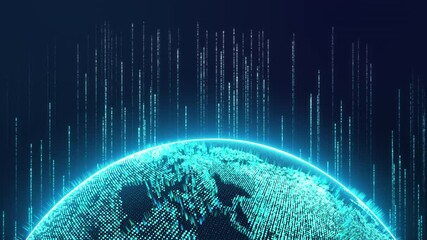 Digital Earth globe rotating in cyberspace with data flowing neon light stripe, 3D futuristic global network communication technology in modern digital age world, hologram dot particle background - Powered by Adobe