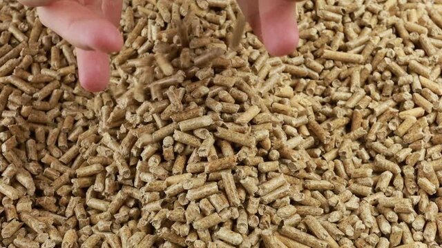 mains prenant des pellets de bois et les versant sur un tas