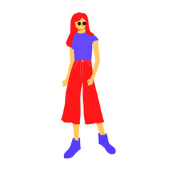 Fototapeta na wymiar Young woman stands in model pose wearing sunglasses with beautiful red long hair. Flat vector design character illustration with white background.
