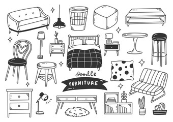 set of interior object in hand drawn doodle style vector illustration © mhatzapa