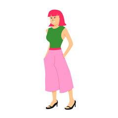 Young woman stands in a stylish pose wearing sleeveless shirt with beautiful short red hair. Flat vector design character illustration with white background.
