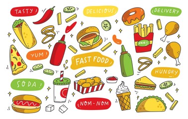 Set of Hand Drawn Junk Food Doodle, Sketchy Unhealthy Food Set Vector Illustration