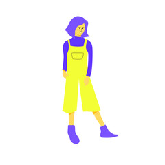Young girl stands in a stylish pose wearing overall shirt combined with turtleneck inside so nicely. Flat vector design character illustration with white background
