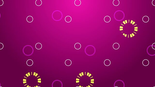 Spinning Circular Shapes - Group of Circles and Shapes spinning around - Pink Circles, Yellow Circles and White Circles moving over a Purple Gradient Background