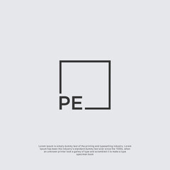 Letter PE Logo design with square frame line business consulting concept