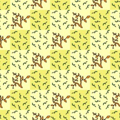 Floral monochrome seamless pattern of green and red leaves and branch. Hand drawn endless ornate of leaf on a green branch on yellow chess background. Vector illustration