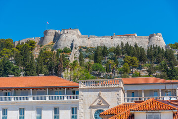 Spanjola fortress viewed behind loggia in Hvar, Croatia