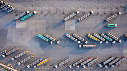 Aerial top view cargo trailer car parking at oil station,