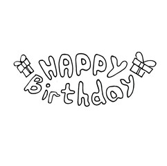 Happy Birthday black lettering isolated, vector hand drawning for card, with boxes for gifts