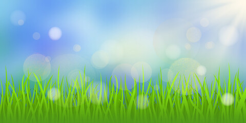 Obraz premium Vector spring background, grass and blurry sky. Bokeh effect, sun rays.