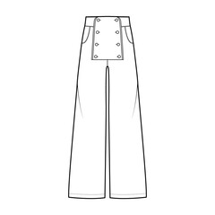 Set of Pants sailor technical fashion illustration with low waist, rise, full length, pockets, front buttons. Flat trousers bottom apparel template white color. Women, men, unisex CAD mockup