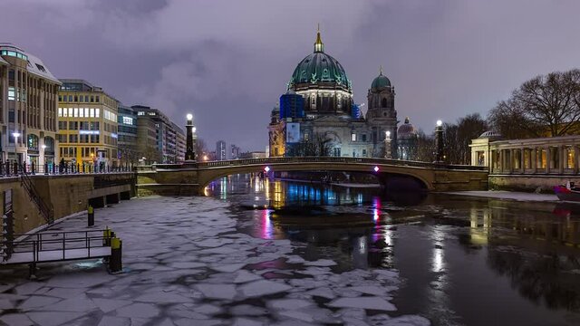 Snowy Night Time Lapse Berlin Cathedral with Spree River, Berlin, Germany