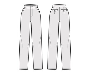 Pants straight technical fashion illustration with flat front, normal waist, high rise, full length, slant, flap pockets. Flat trousers apparel template back, grey color. Women, men, unisex CAD mockup