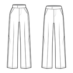 Set of Pants tuxedo technical fashion illustration with extended low normal waist, rise, full length, side satin stripe. Flat trousers bottom apparel template white color. Women, men unisex CAD mockup