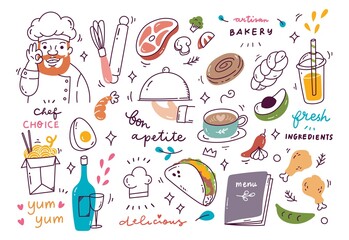restaurant background doodle with various food and drink vector illustration - 414825863