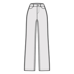 Straight Jeans Denim pants technical fashion illustration with full length, normal waist, high rise, 5 pockets, Rivets. Flat bottom template front, grey color style. Women, men, unisex CAD mockup