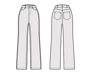 Jeans Denim pants technical fashion illustration with full length, normal waist, rise, 5 pockets, Rivets, belt loops. Flat bottom template front, back grey color style. Women, men, unisex CAD mockup