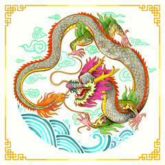 chinese dragon oriental style with wave and cloud in gold frame