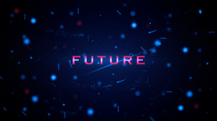 Future word and futuristic background in 2D space, particles, lines and glowing star elements. 