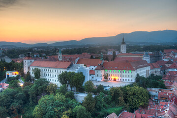 Obraz na płótnie Canvas Sunset aerial view of the upper town of Zagreb, Croatia