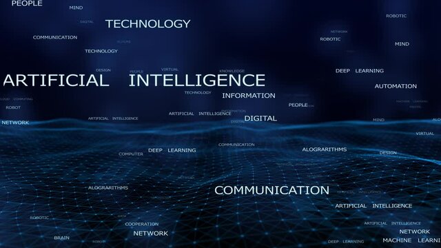 4k abstract Digital blue Wave of particles dance motion on wave and light.Futuristic dots background with a dynamic wave.Big data.Cyber or technology background.artificial intelligence word tag cloud.