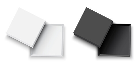 white and black open boxes. Top view. Vector illustration 3d. Empty open gift box template. Stock image. EPS 10.
