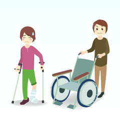 staff pushed the wheelchair for the patient who was  broken leg and using crutches illustrator