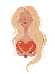 illustration of a girl with long hair hugging a big heart. Self-love, self-respect, self-acceptance