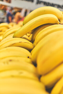 Banana in Grocery Store. Concept of healthy food, bio, vegetarian, diet. Selective focus.
