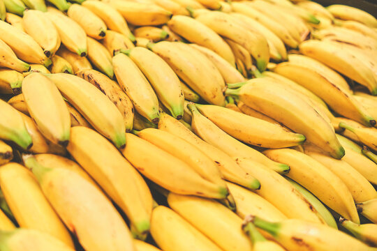 Banana in Grocery Store. Concept of healthy food, bio, vegetarian, diet. Selective focus.

