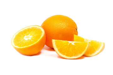 Fototapeta na wymiar Slieced and whole fresh tropical oranges on white background