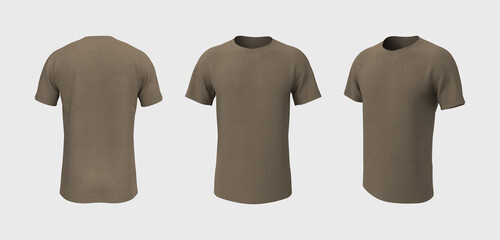 men's short-sleeve raglan t-shirt mockup in front, side and back views, design presentation for print, 3d illustration, 3d rendering