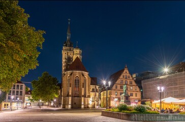 Sunset view of Stiftskirche at Schillerplatz square in Stuttgart, Germany