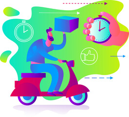 Illustration for an app, infographic, or landing page, with a character: a person quickly delivers a parcel or pizza. Express food delivery, online shopping.
