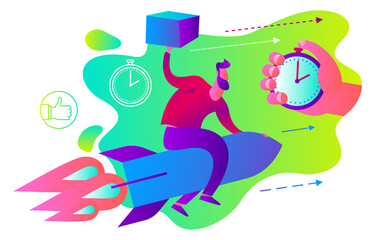 Illustration for an app, infographic, or landing page, with a character: a person quickly delivers a parcel or pizza. Express food delivery, online shopping.