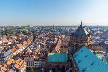 Aerial view of the cathedral and old town of Strasbourg, France