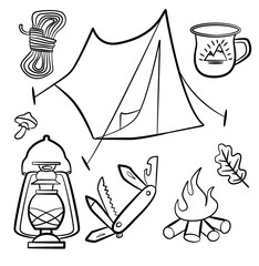 Set of doodle forest camping design elements. Hand drawn hiking and camping doodles perfect for summer camp flyers and posters.