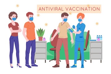 Vaccination concept for immunity health. Vaccine anti Covid-19. Doctors makes an injection of flu vaccine to pacient in hospital and inviting next. Healthcare, coronavirus, prevention and immunize.