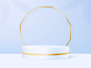 Product podium in blue pastel background with shadow leaves. Abstract minimal scene to presentation or show cosmetic. Vector realistic platform. 3d render.