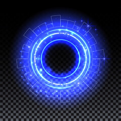 Blue hologram portal. Magic fantasy portal. Magic circle with halo effect. Vector blue glow scifi teleport with sparks and hologram, technology background.