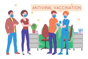 Vaccination concept for immunity health. Vaccine anti Covid-19. Doctors makes an injection of flu vaccine to pacient in hospital and inviting next. Healthcare, coronavirus, prevention and immunize.