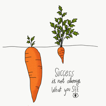 Big and small carrot and word success is not always what you see cartoon watercolour painting illustration, Business concept	
