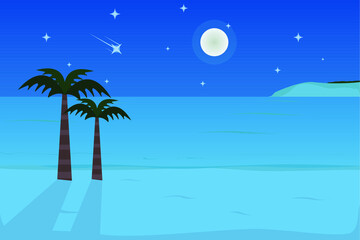 Beach scenery vector concept: Beautiful night view in the beach with stars and moon