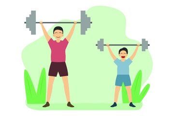 Fatherhood vector concept: Young father and little son exercising with dumbbells together