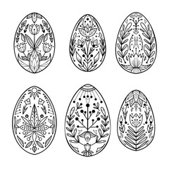 Set of outline Easter eggs with folk pattern. Festive treat with tribal ornaments. Spring religious holiday. Contour objects with a natural tracery for cards and banners.