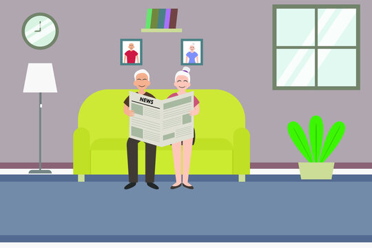 Reading vector concept: Old couple reading newspaper together while sitting on the sofa