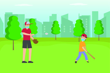 Obraz na płótnie Canvas Fatherhood vector concept: Young father and little son playing baseball together in the park while wearing face mask in new normal 