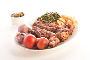 Kebab, traditional Turkish, Greek meat and chickens food, isolated on white background